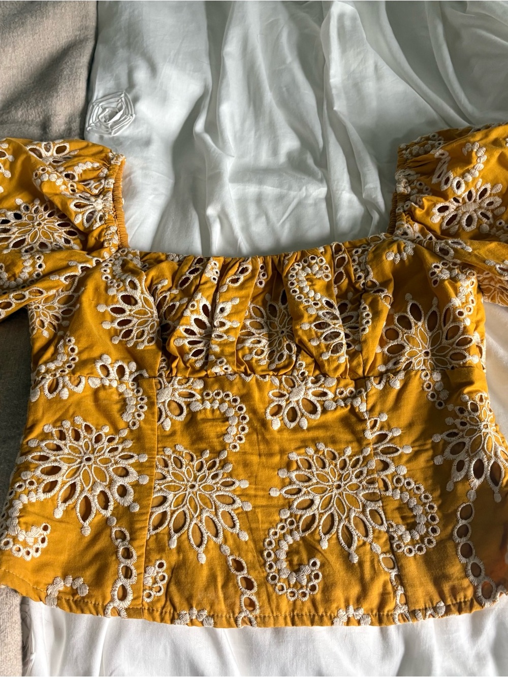Astr Mustard Yellow Eyelet Puff-Sleeve Crop Top